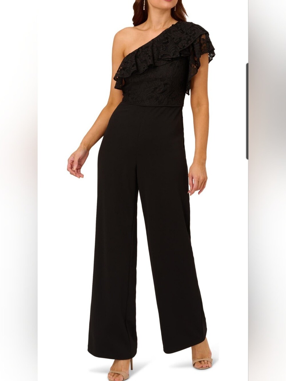 Adrianna Papell Women's Black One-Shoulder Jumpsuit with Ruffle Lace Bodice 20x